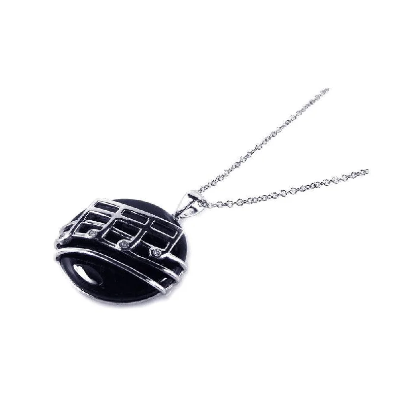 Unique necklaces and pendants with gemstones for a colorful and vibrant statement-Clearance-Silver 925 Rhodium Plated Black Onyx Round Music Note Dangling Necklace - BGP00168