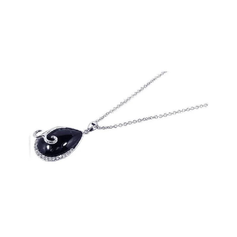 Necklaces and pendants with zodiac constellation designs for an astrological touch-Clearance-Silver 925 Rhodium Plated Onyx Drop-shape Pendant Necklace - STP00641