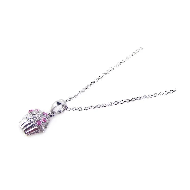 Necklaces and pendants with pearls for a classic and sophisticated touch-Silver 925 Rhodium Plated Clear and Pink CZ Cupcake Pendant Necklace - STP00740