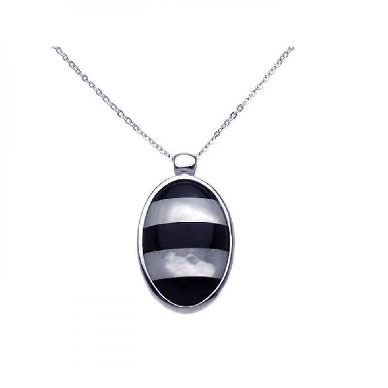 Best necklaces and pendants with heart-shaped designs for a romantic look-Clearance-Silver 925 Rhodium Plated Mother of Pearl Onyx Oval CZ Necklace - BGP00278