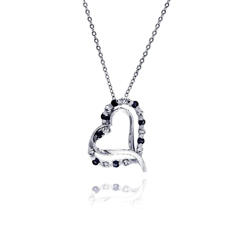 Best necklaces and pendants with crystal accents for a sparkling and elegant style-Silver 925 Black and Clear CZ Rhodium Plated Double Heart Pendant Necklace - BGP00020