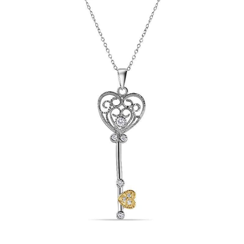 Best necklaces and pendants with matching rings for a coordinated jewelry set-Silver 925 Rhodium Heart Key CZ Necklace - BGP00209