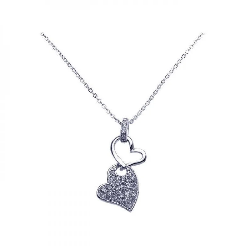 Necklaces and pendants with clear quartz for a pure and radiant look-Silver 925 Rhodium Plated Double Dangling Heart Clear CZ Pave Pendant Necklace - BGP00257