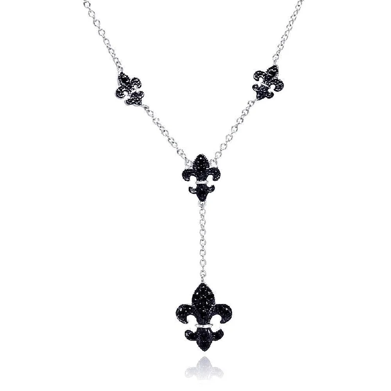 Necklaces and pendants with clear quartz for a pure and radiant look-Silver 925 Rhodium and Black Rhodium Plated Black CZ Fleur De Lis Pendant Necklace - BGN00041