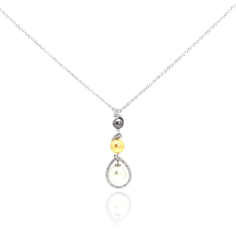 Unique necklaces and pendants with engraved messages for a sentimental gift-Silver 925 Rhodium Plated Multi Colored Pearl Clear CZ Drop Pendant Necklace - BGN00050