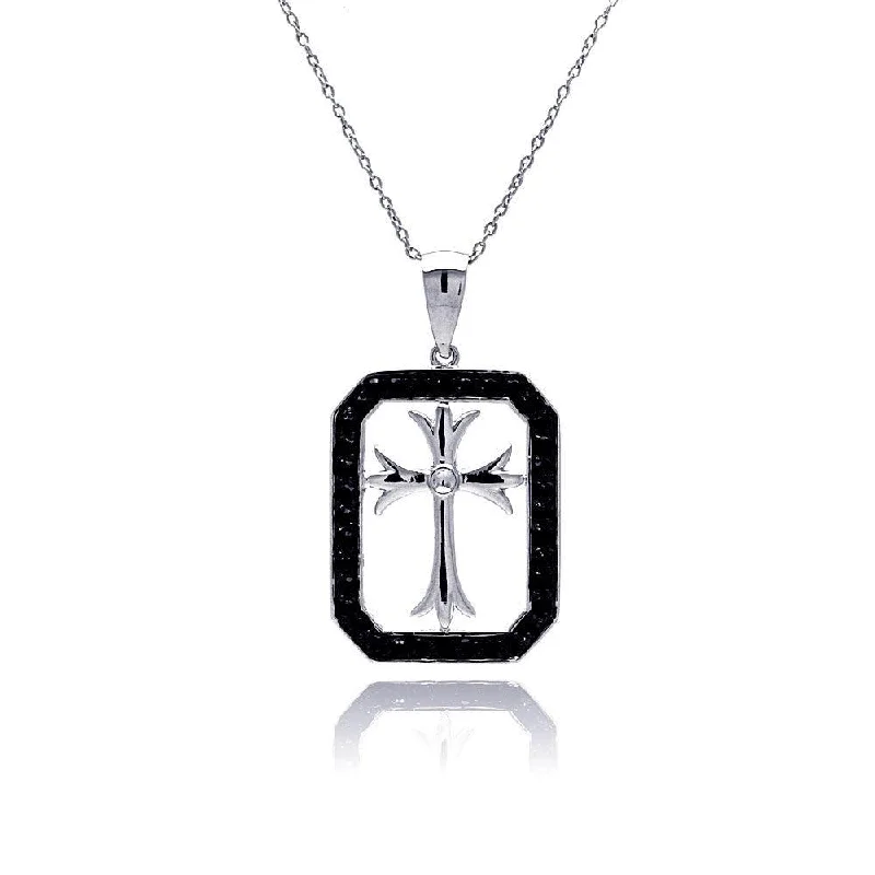 Best necklaces and pendants with intertwined designs for a symbol of unity-Clearance-Silver 925 Rhodium and Black Rhodium Plated Black CZ Cross Necklace - STP00516BLK