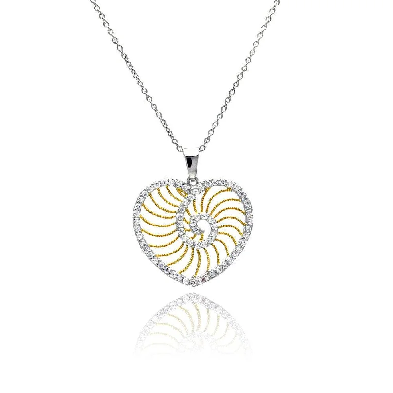 Elegant necklaces and pendants with onyx stones for a sleek, polished look-Clearance-Silver 925 Rhodium Plated Clear CZ Heart Gold Plated Swirl Pendant Necklace - STP00838