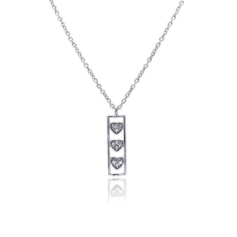 Beautiful necklaces and pendants with butterfly motifs for a whimsical style-Silver 925 Clear CZ Rhodium Plated Bar Trio Hearts Pendant Necklace - STP00411