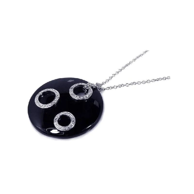 Best necklaces and pendants with rose gold for a warm and romantic appeal-Silver 925 Clear CZ Black Onyx Rhodium Plated Circle Disc Pendant Necklace - BGP00122