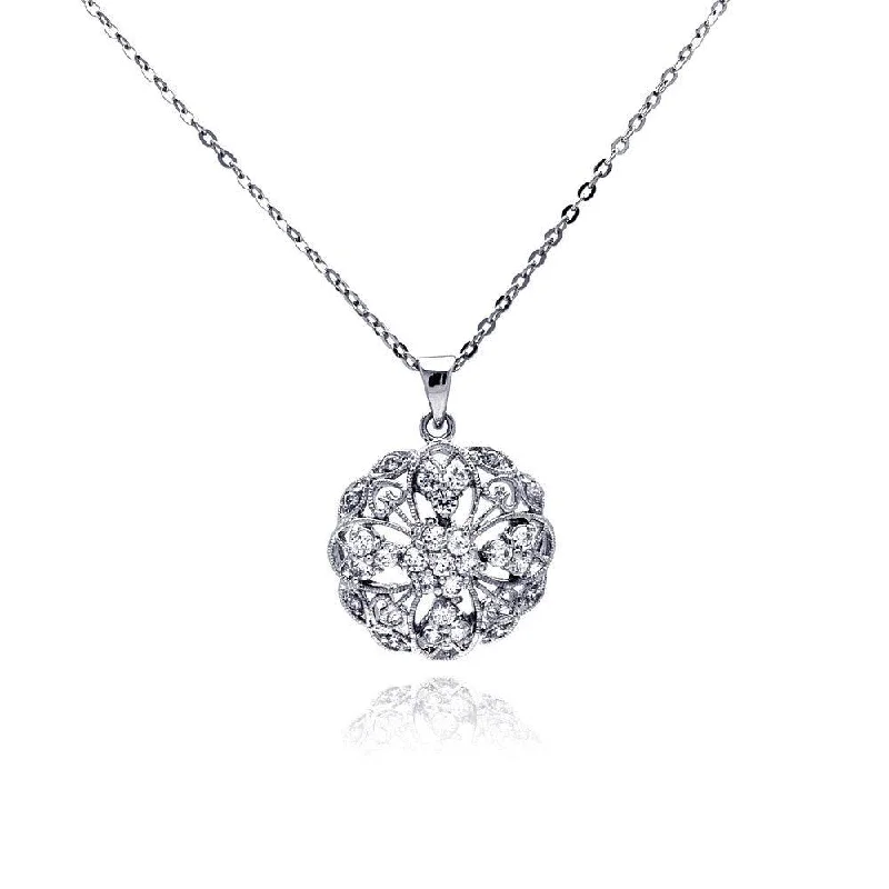 Unique necklaces and pendants with vintage-inspired designs for timeless appeal-Clearance-Silver 925 Clear CZ Rhodium Plated Filigree Pendant Necklace - BGP00158