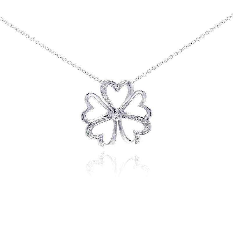 Stylish necklaces and pendants with diamonds for a glamorous and elegant look-Silver 925 Rhodium Plated Open Heart Flower CZ Necklace - BGP00287