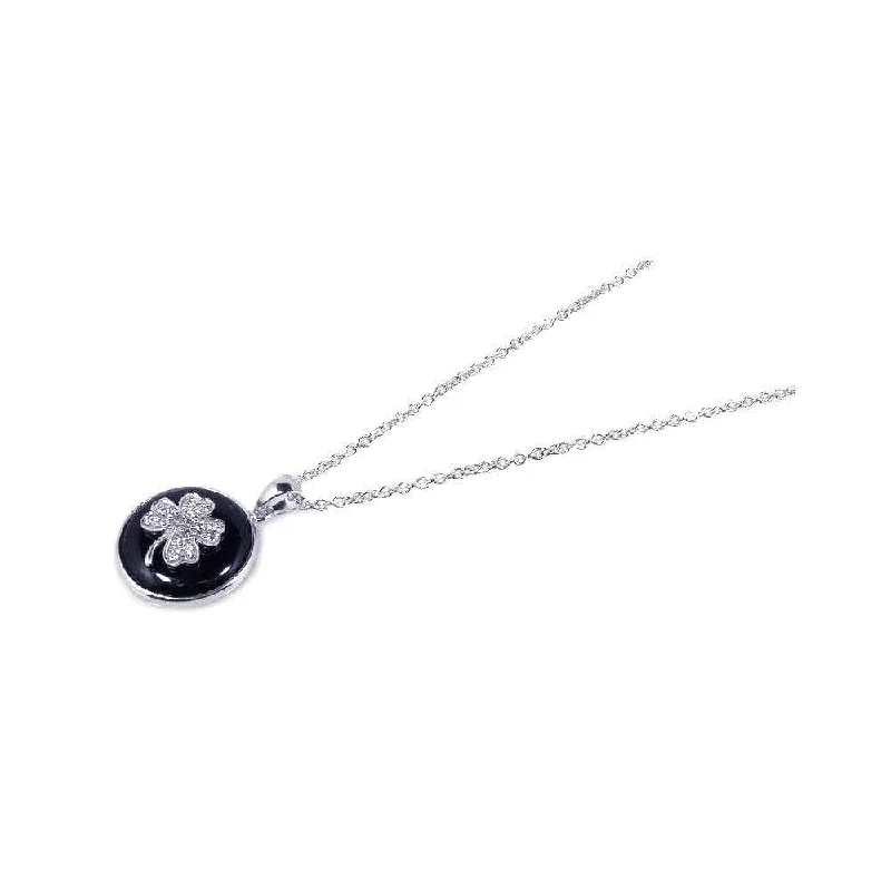 Necklaces and pendants with crescent moon designs for a celestial and mystical feel-Clearance-Silver 925 Rhodium Plated Onyx Clover Pendant Necklace - STP00650