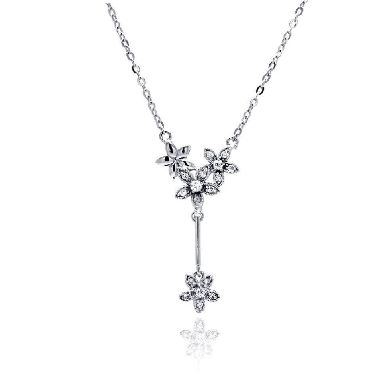 Beautiful necklaces and pendants with moonstone for an ethereal, mystical appearance-Silver 925 Rhodium Plated Flower CZ Dangling Necklace - BGP00469