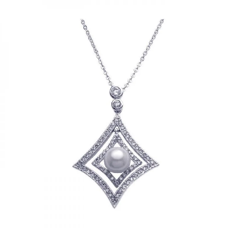 Stunning necklaces and pendants with aquamarine stones for a serene effect-Clearance-Silver 925 Rhodium Plated Open Square CZ Center Pearl Necklace - BGP00254