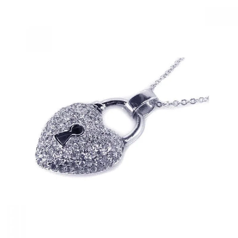 Elegant necklaces and pendants with gold chains for a chic, timeless appearance-Silver 925 Clear CZ Rhodium Plated Puffed Lock Heart Pendant Necklace - BGP00030