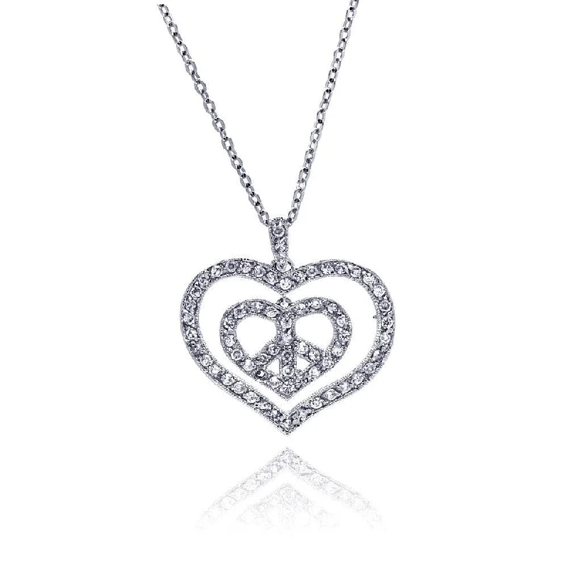 Fashionable necklaces and pendants with birthstones for a personalized gift idea-Silver 925 Rhodium Plated Peace Double Heart Pendant Necklace with CZ - BGP00027