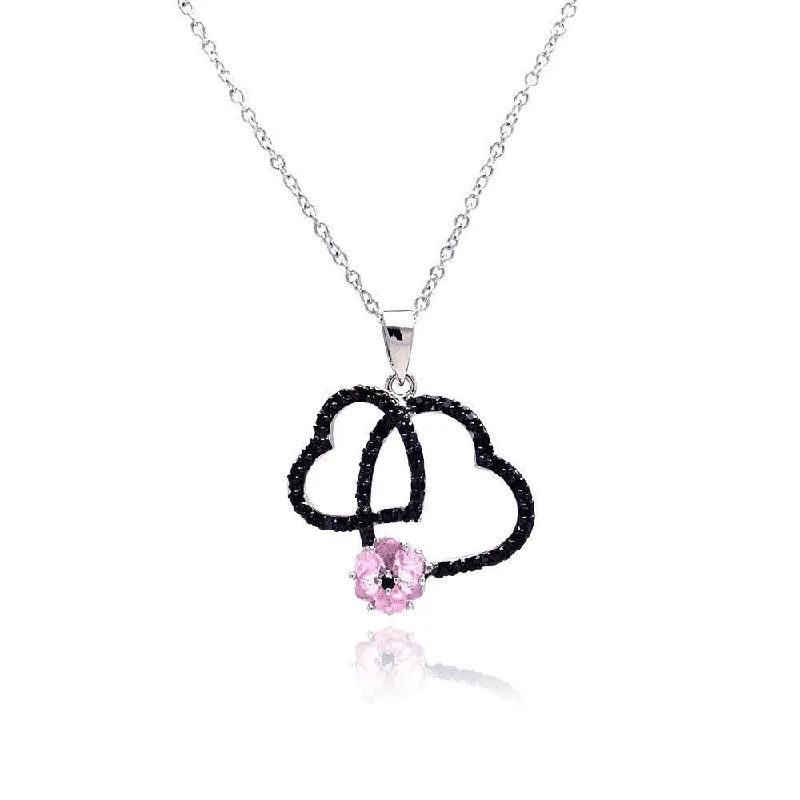 Trendy necklaces and pendants with statement pieces for a bold fashion statement-Silver 925 Black Rhodium Plated Open Double Heart CZ Pink Pearl Necklace - BGP00138