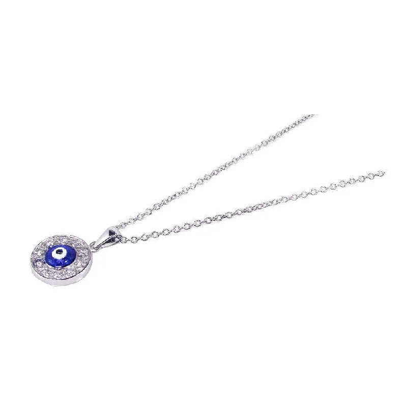 Necklaces and pendants with enamel accents for a colorful, eye-catching appearance-Silver 925 Rhodium Plated Clear CZ Evil Eye - Blue Round Pendant Necklace - STP00607