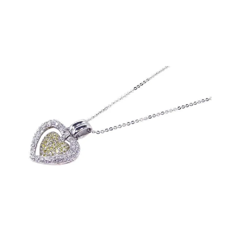 Necklaces and pendants with enamel accents for a colorful, eye-catching appearance-Silver 925 Clear Yellow CZ Rhodium Plated Double Heart Pendant Necklace - BGP00070