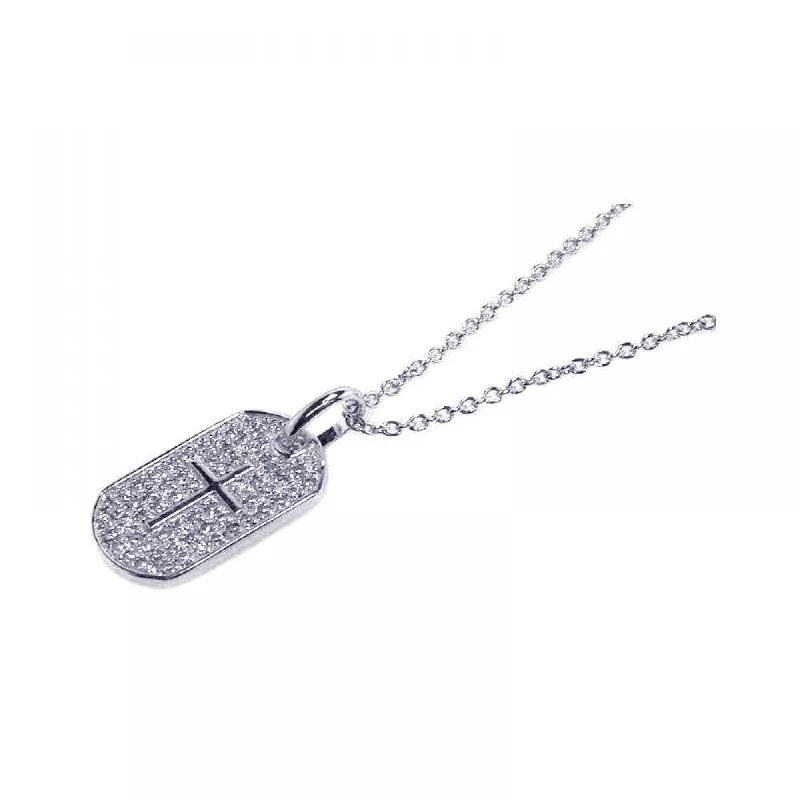 Best necklaces and pendants with intricate filigree for vintage-inspired elegance-Silver 925 Clear CZ Rhodium Plated Dog Tag Cross Accent Pendant Necklace - STP00417