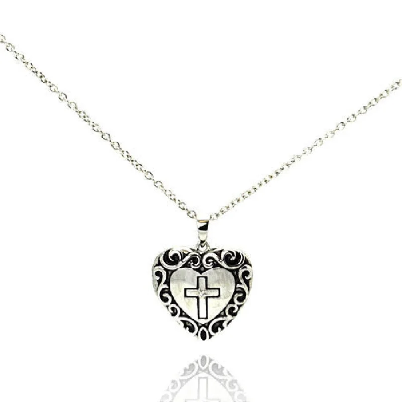 Best necklaces and pendants with seashell designs for a tropical, beachy vibe-Silver 925 Rhodium Plated Clear CZ Black Onyx Heart Cross Pendant Necklace - STP00622