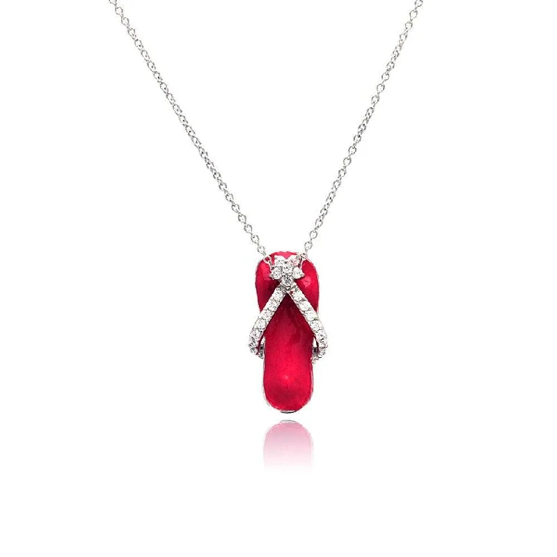 Best necklaces and pendants with emerald gemstones for a rich, sophisticated design-Silver 925 Clear CZ Rhodium Plated Pink Colored Flip Flop Pendant Necklace - STP00402PNK