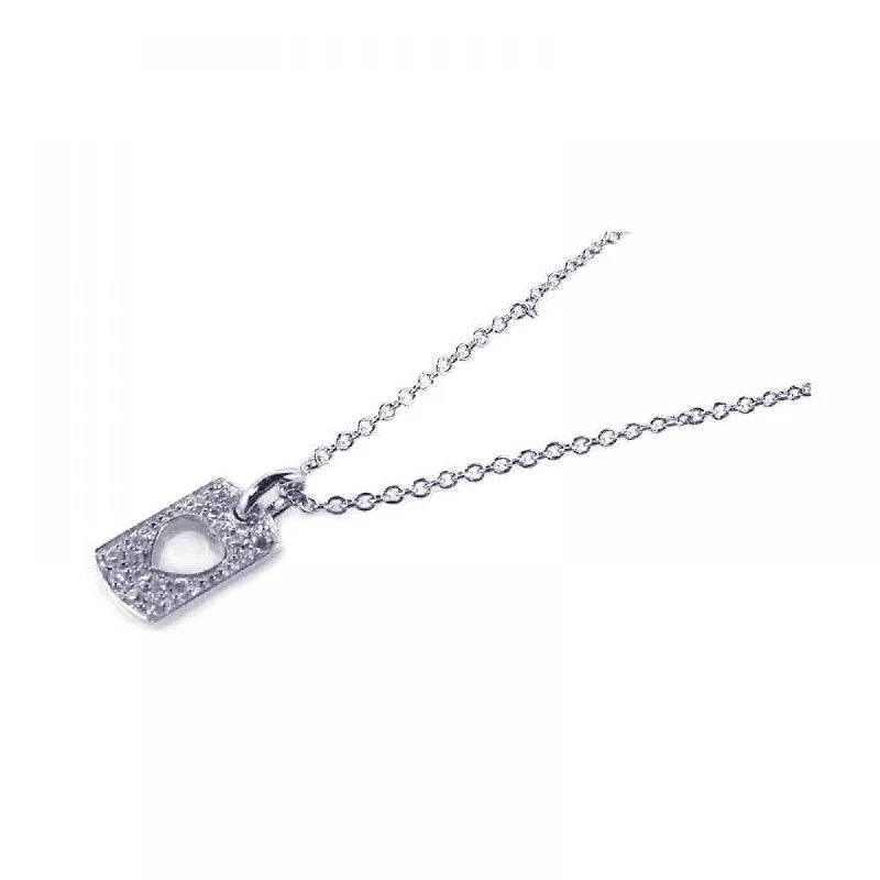 Best necklaces and pendants with matching earrings for a coordinated, elegant look-Silver 925 Rhodium Plated Clear CZ Heart Rectangle Dogtag Pendant Necklace - STP00651