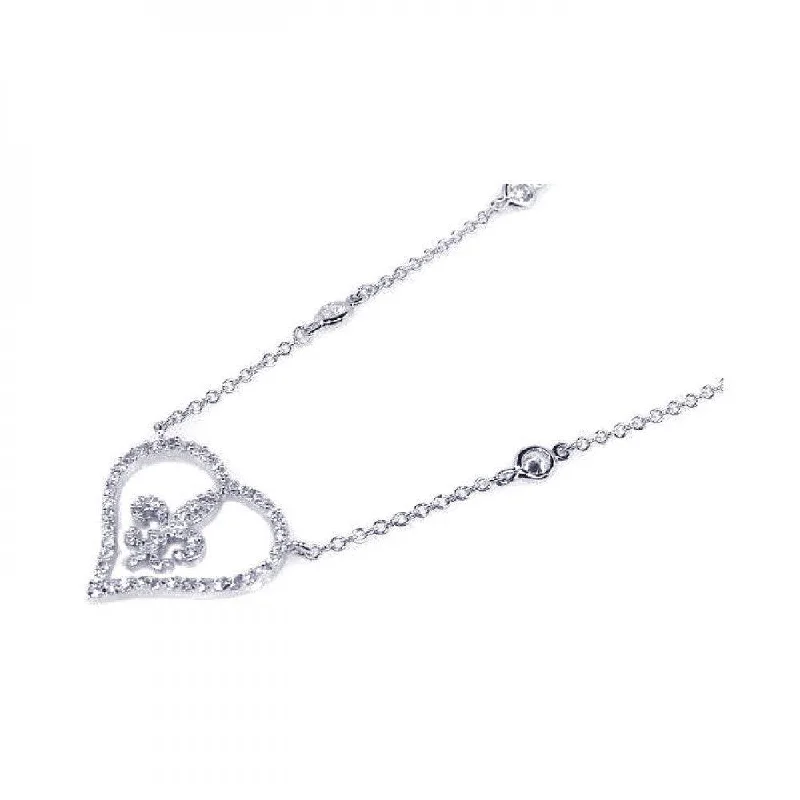 Beautiful necklaces and pendants with layered chains for a fashionable, chic look-Silver 925 Rhodium Plated Open Heart Fleur De Lis Center Clear CZ Pendant Necklace - BGN00012