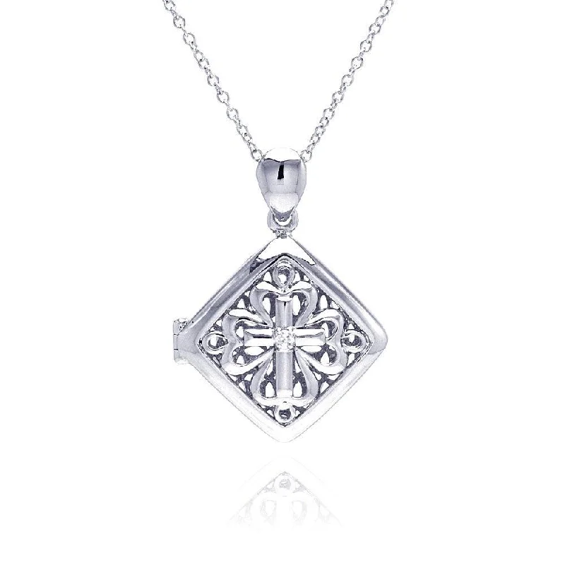 Necklaces and pendants with custom engravings for a personal, meaningful gift-Clearance-Silver 925 Rhodium Square Filigree CZ Necklace - BGP00224