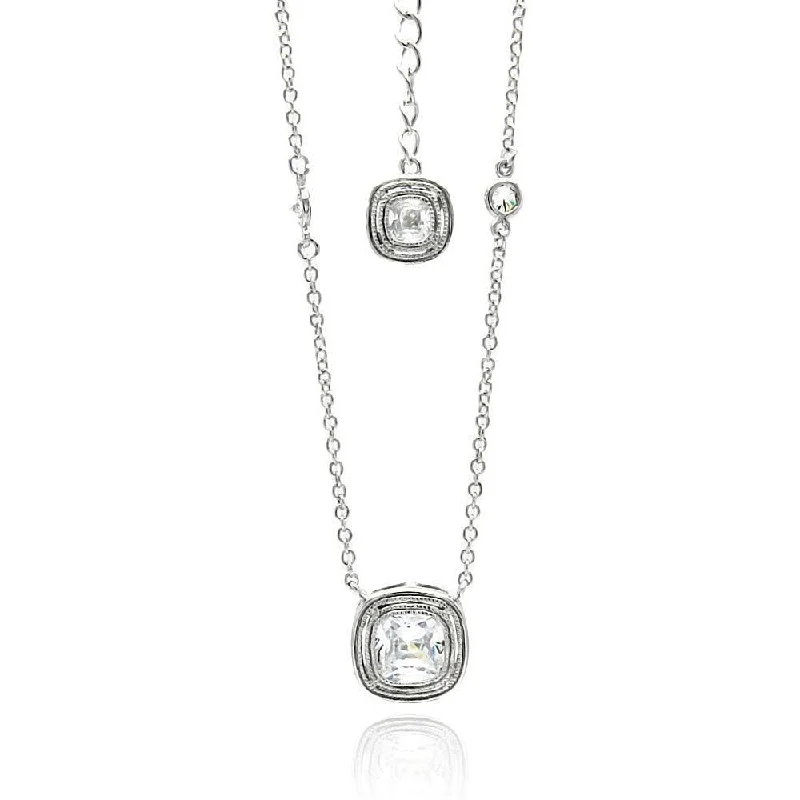 Stylish necklaces and pendants with diamonds for a glamorous and elegant look-Silver 925 Rhodium Plated Double Square CZ Necklace - BGP00494