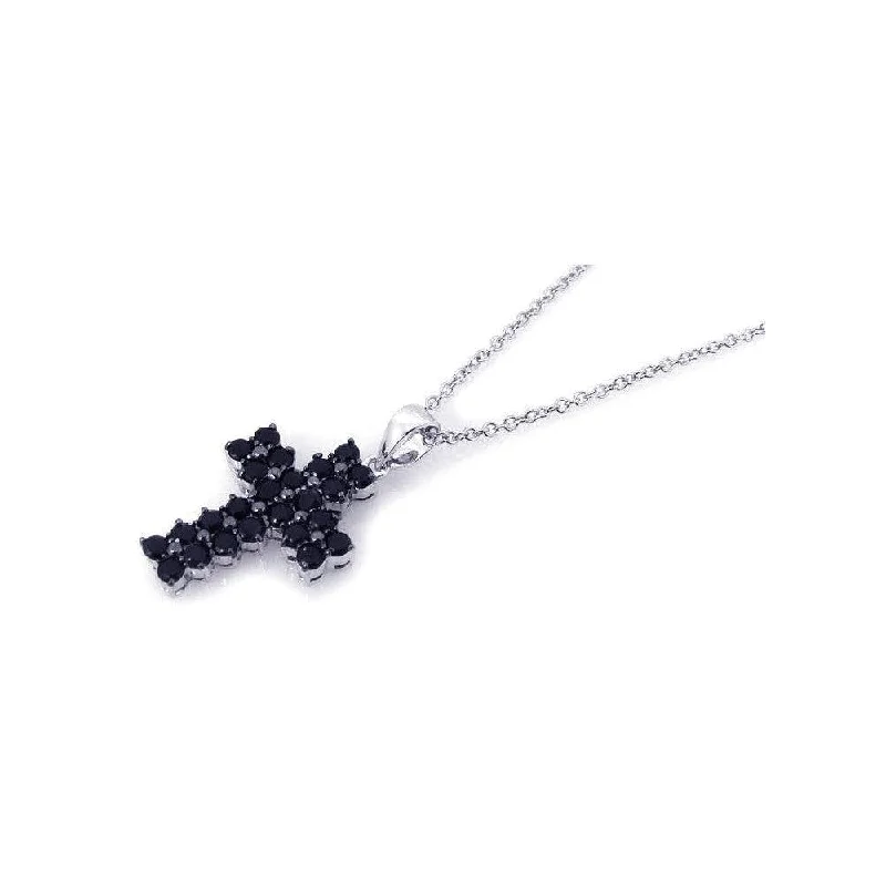 Best necklaces and pendants with layered designs for a chic, stacked look-Silver 925 Rhodium Plated Black Cross CZ Necklace - BGP00176