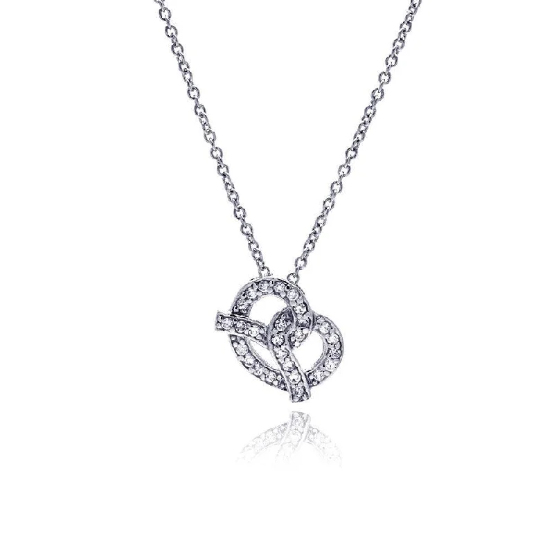 Necklaces and pendants with custom engravings for a personal, meaningful gift-Clearance-Sterling Silver Clear CZ Rhodium Plated Pretzel Pendant Necklace - STP00292