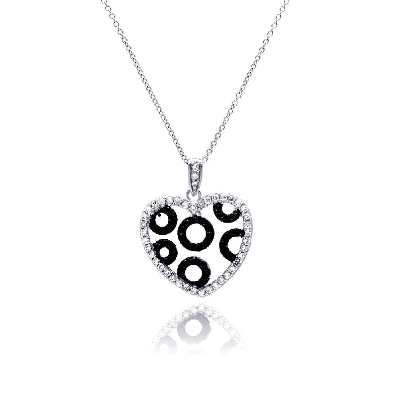 Best necklaces and pendants with art deco elements for a vintage, glamorous design-Clearance-Silver 925 Rhodium and Black Rhodium Plated Clear and Black CZ Heart Circles Pendant Necklace - STP00820