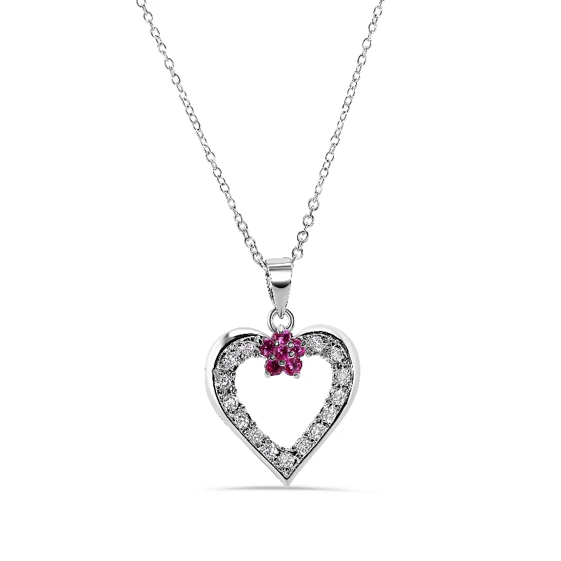 Best necklaces and pendants with adjustable chains for a customizable fit-Clearance-Rhodium 925 Sterling Silver Open Heart With Flower Cubic Zirconia Necklace - BGP00226