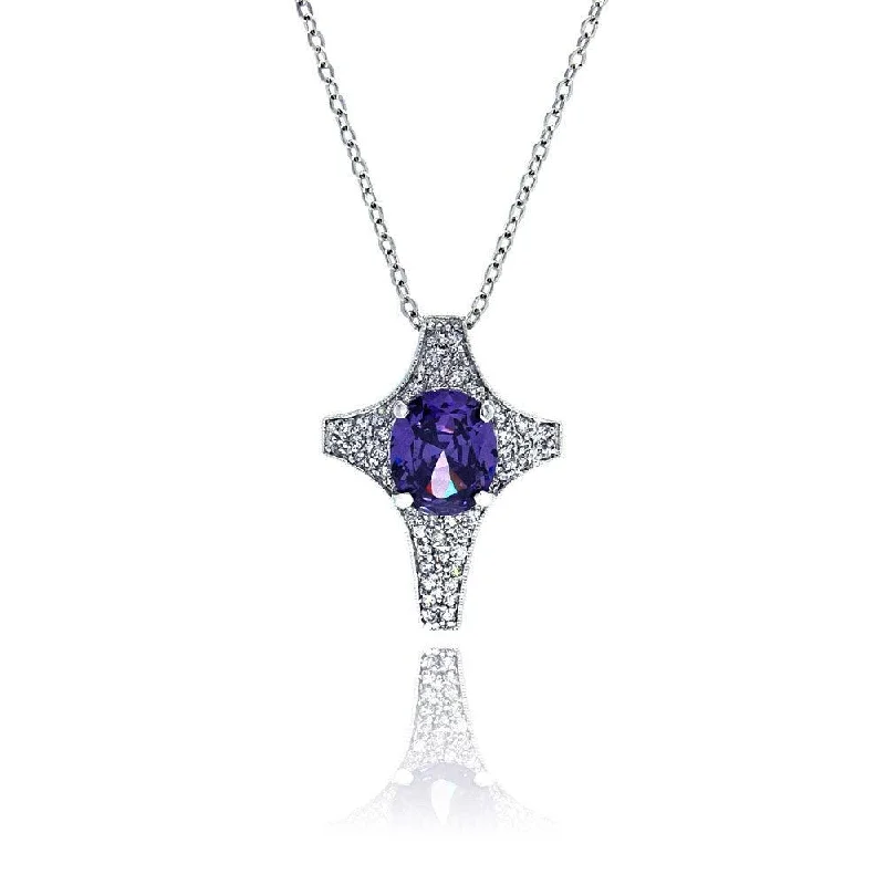 Personalized necklaces and pendants with initials for a customized and meaningful gift-Clearance-Silver 925 Tanzanite CZ Rhodium Plated Cross Pendant Necklace - BGP00009PUR