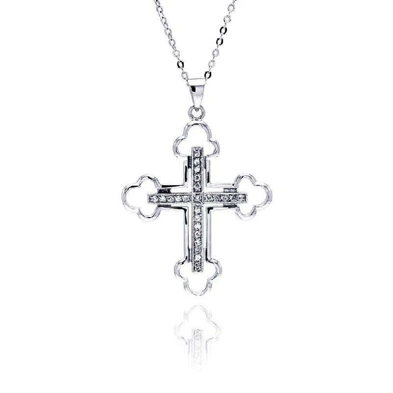 Necklaces and pendants with pearls for a classic and sophisticated touch-Clearance-Silver 925 Clear CZ Rhodium Plated Cross Pendant Necklace - BGP00159