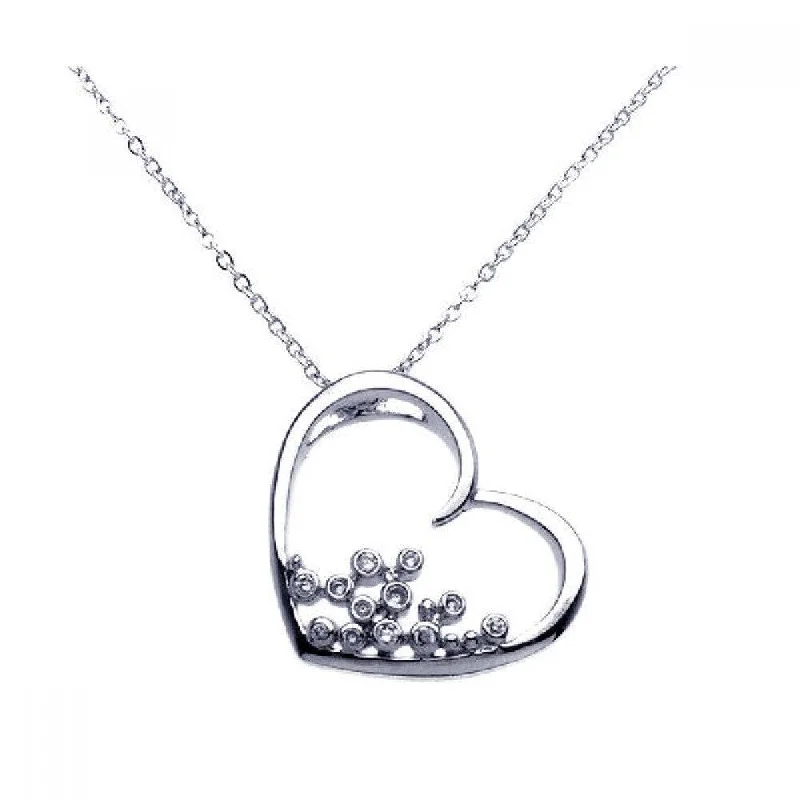 Beautiful necklaces and pendants with butterfly motifs for a whimsical style-Silver 925 Rhodium Plated Open Heart Round Filigree CZ Necklace - BGP00256