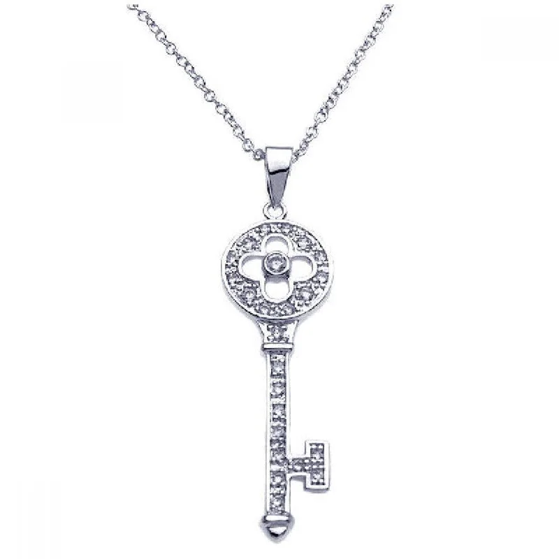 Personalized necklaces and pendants with coordinates for a meaningful location-based gift-Silver 925 Rhodium Plated Key CZ Inlay Necklace - BGP00246