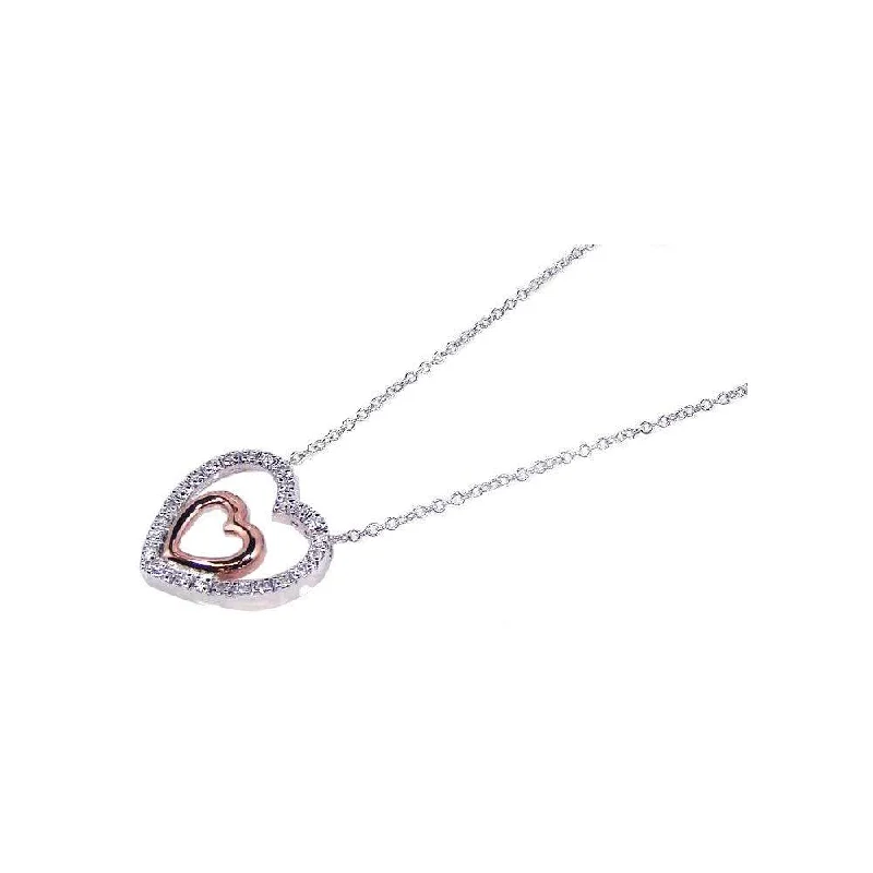 Unique necklaces and pendants with artistic shapes for a creative, one-of-a-kind design-Silver 925 Clear CZ Rhodium and Rose Gold Plated Heart Pendant Necklace - BGP00087