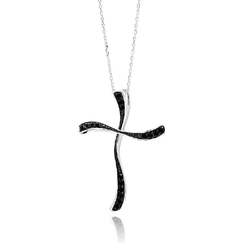 Necklaces and pendants with ocean-inspired designs for a refreshing, beachy feel-Silver 925 Rhodium Plated Black Cross CZ Necklace - BGP00551