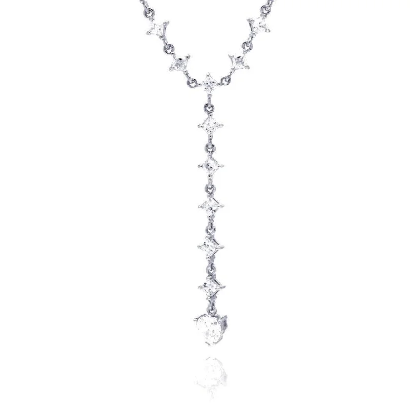 Simple necklaces and pendants with bar pendants for a sleek modern design-Clearance-Silver 925 Rhodium Plated Clear CZ Dangling Pendant Necklace - STP00683