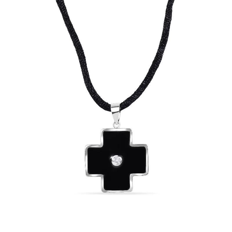 Best necklaces and pendants with butterfly pendants for a delicate, light style-Clearance-Silver 925 Rhodium Plated Black Enamel Cross Clear CZ Black Cord Pendant Necklace - BGN00003