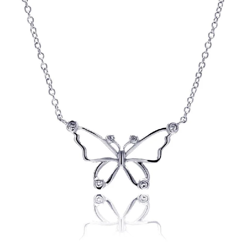 Simple necklaces and pendants with bar pendants for a sleek modern design-Silver 925 Rhodium Plated Open Butterfly Outline Clear CZ Pendant Necklace - BGN00042