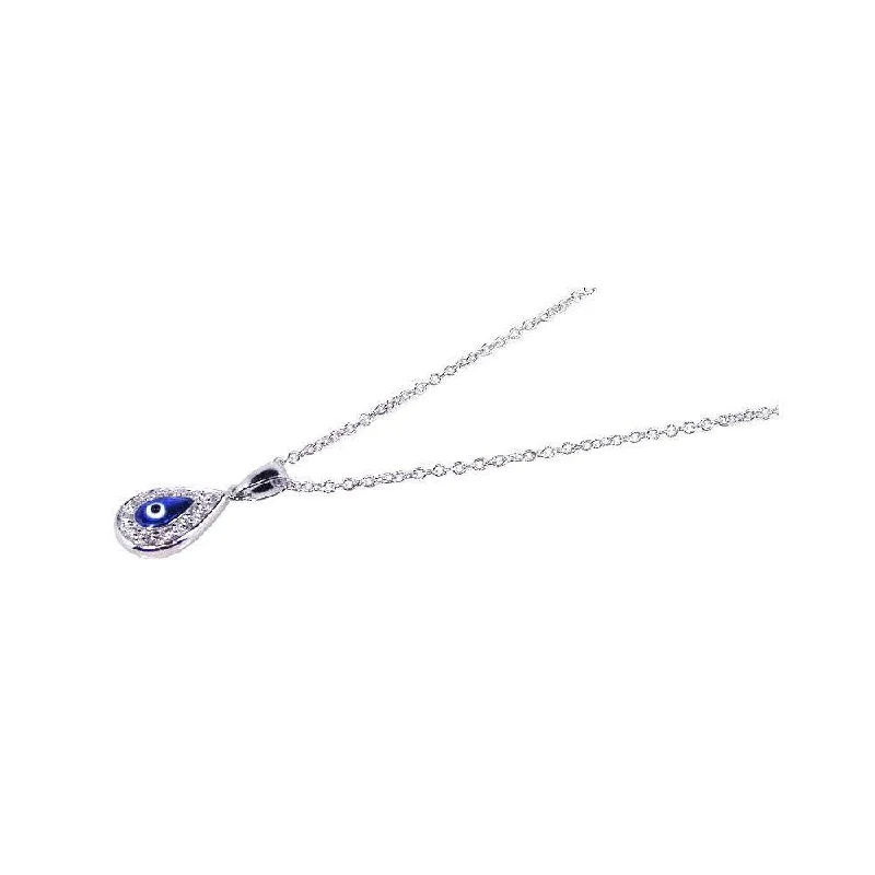 Best necklaces and pendants with silver chains for a sleek, timeless look-Silver 925 Rhodium Plated Clear CZ Evil Eye - Blue Drop Shape Pendant Necklace - STP00604