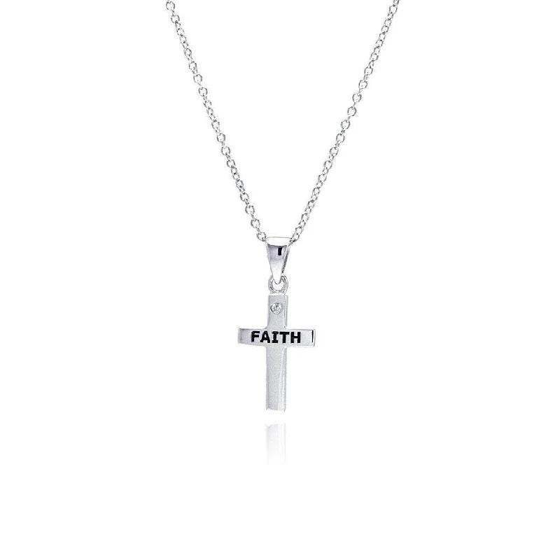 Trendy necklaces and pendants with geometric shapes for a modern aesthetic-Silver 925 Rhodium Plated Clear CZ Cross Faith Pendant Necklace - STP00744