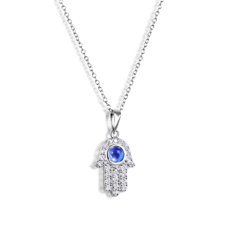 Trendy necklaces and pendants with statement pieces for a bold fashion statement-Silver 925 Rhodium Plated Hamsa Evil Eye CZ Necklace - BGP00463