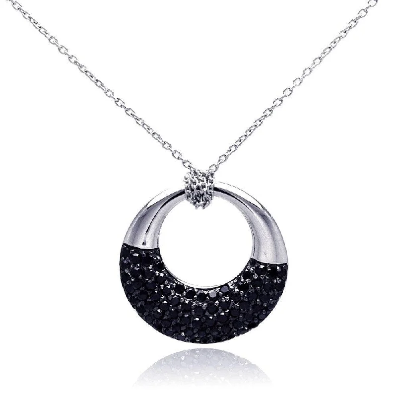 Necklaces and pendants with leaf-shaped designs for an earthy, organic feel-Clearance-Silver 925 Rhodium and Black Rhodium Plated Black CZ Ring Pendant Necklace - STP00817BLK