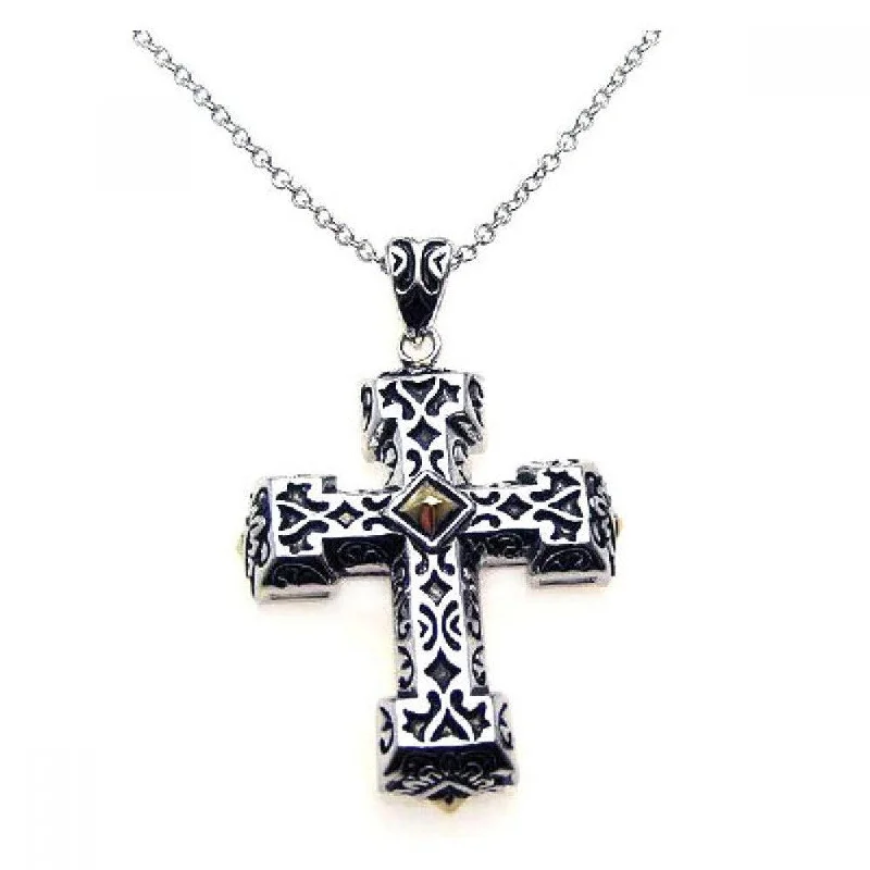 Necklaces and pendants with lock and key designs for a symbolic gesture-Silver 925 Rhodium Cross Small Center Square CZ Necklace - BGP00216