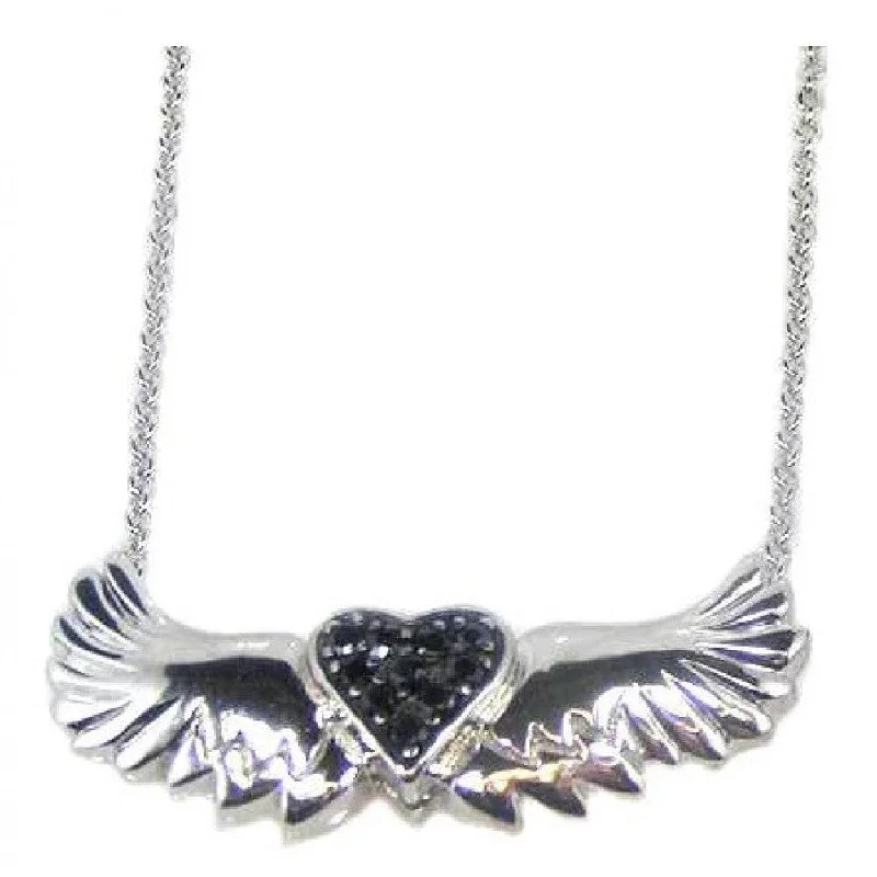 Necklaces and pendants with celestial starburst designs for a radiant look-Silver 925 Rhodium Plated Winged Black Heart CZ Necklace - STP00543BLK