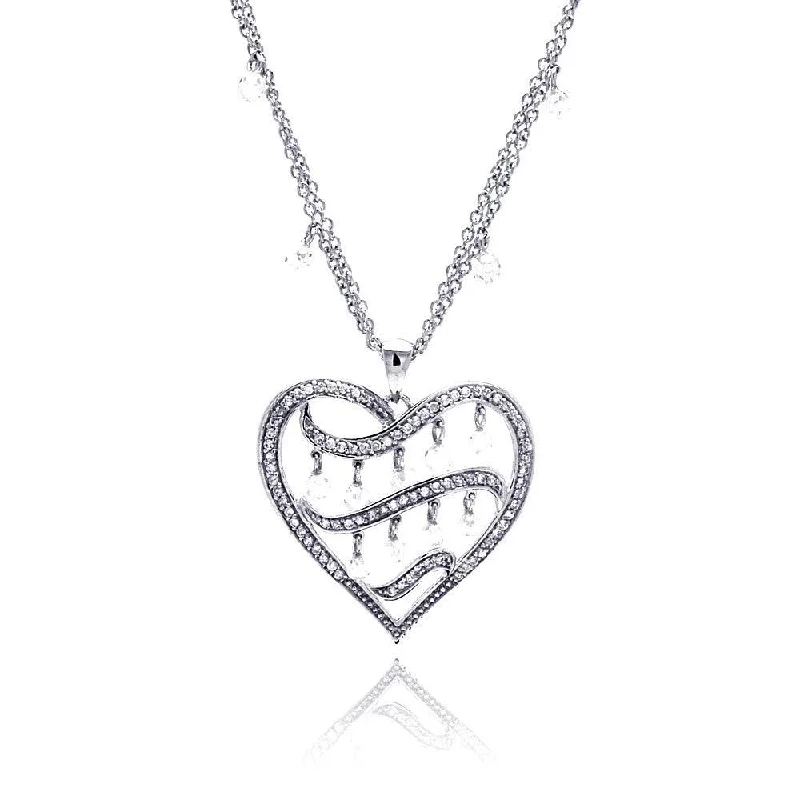 Necklaces and pendants with lotus flower designs for a spiritual, peaceful vibe-Clearance-Silver 925 Rhodium Plated Filigree Heart CZ Chandelier Dangling Necklace - STP00591